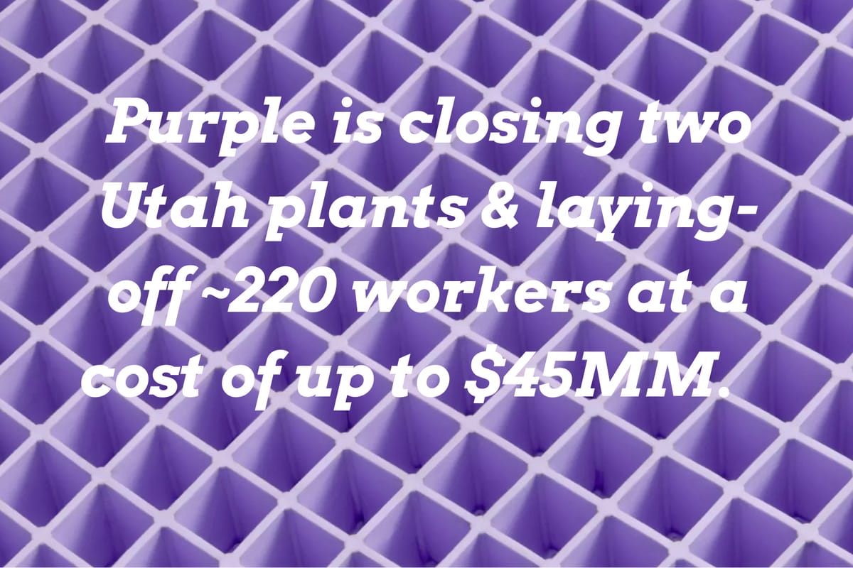 Utah-based Purple Innovation is Closing its Two Manufacturing Plants in Utah, Will Layoff Approximately 13% of its Staff, and Expects Restructuring Costs of $35 Million to $45 Million